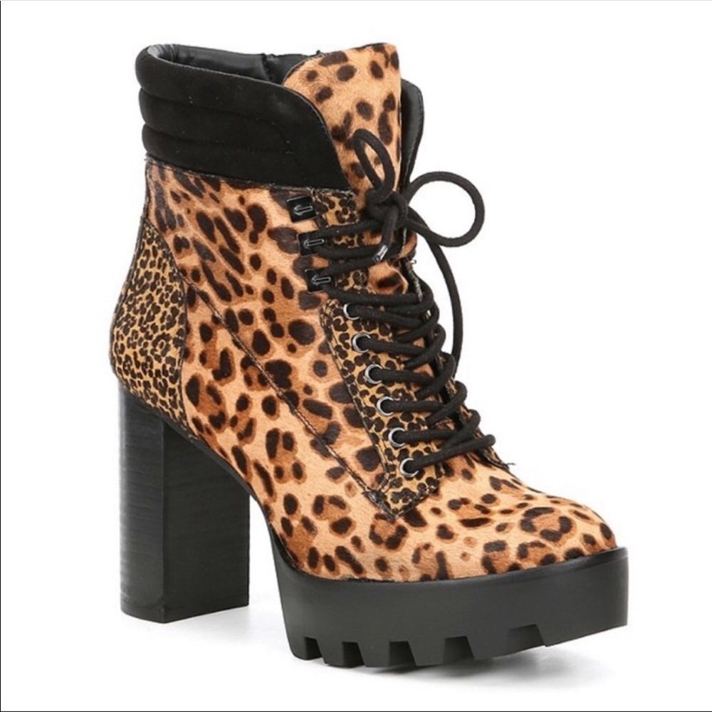 Gianni Bini Ambray Calf hair leopard Combat Boots black brown lace up shoe 6